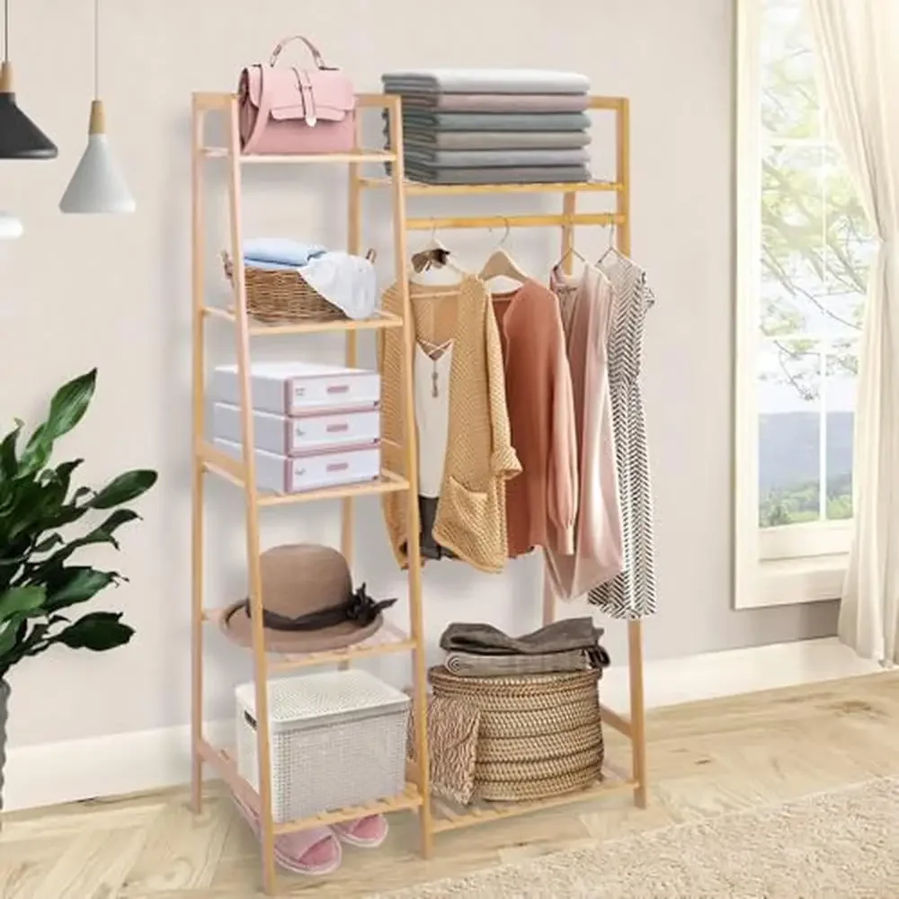 Bamboo Garment Storage Rack 7 Tier Clothes Hanging Shelf Minimalist Wardrobe Organizer