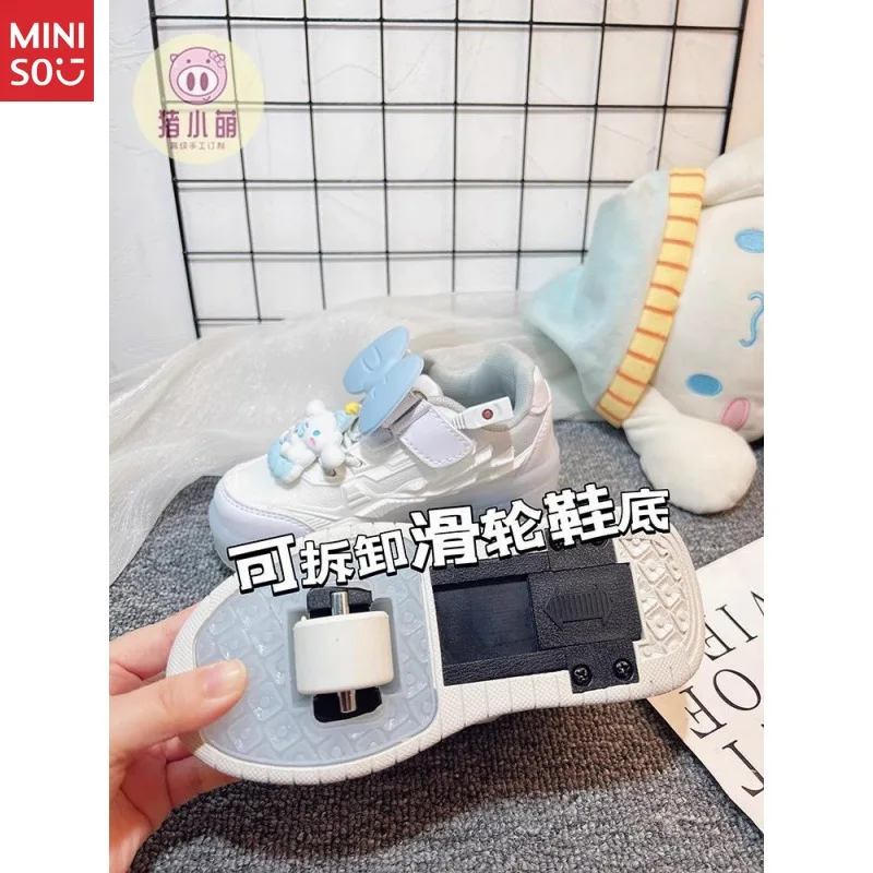 Miniso 2025 Princess Heelys - حذاء دوار لامع أبيض للفتيات، بعجلتين #2