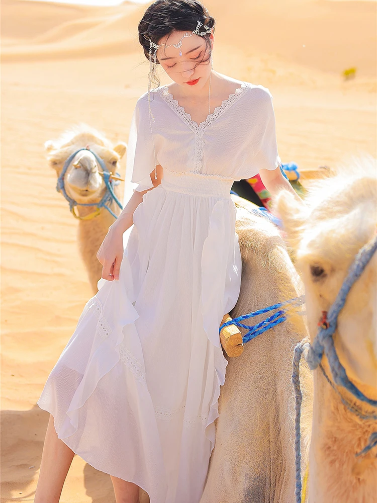 Khalee Yose สีขาว Elegant Maxi ชุดชีฟองลูกไม้ขึ้นในฤดูร้อนเปลือยหลัง Boho เสื้อผ้ากุลสตรี Flare แขน Holiday Beach Vestidos