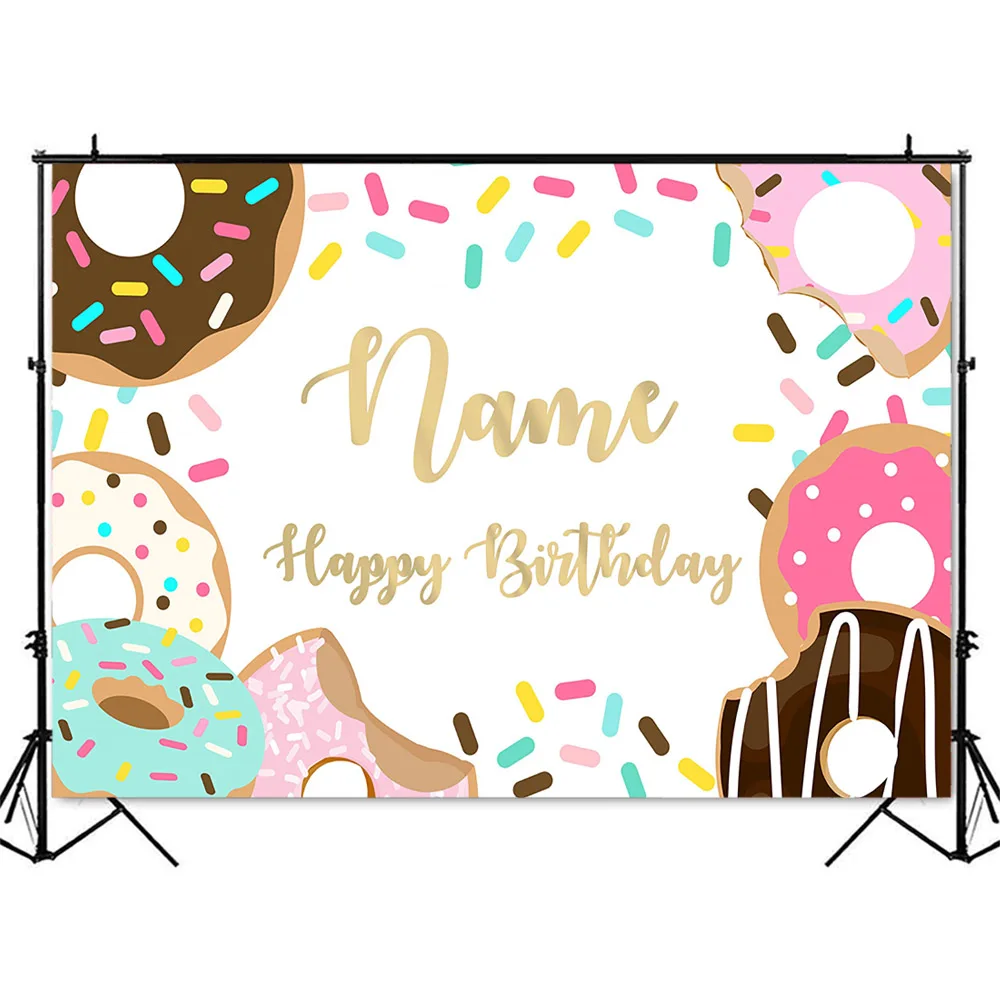 Donut Birthday Backdrop Customize Name DIY Photo Booth Background Gold Glitter Shining Photoshoot Banner for Party Decoration