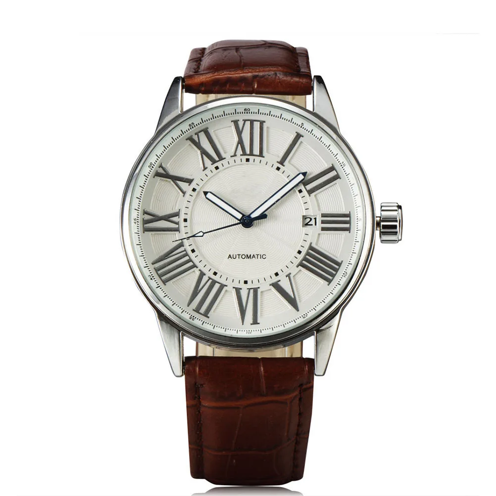 

Men Automatic Mechanical Wrist Watch Golden Brown PU Band Precise Movement Hour Minute Casual Mechanical Watch