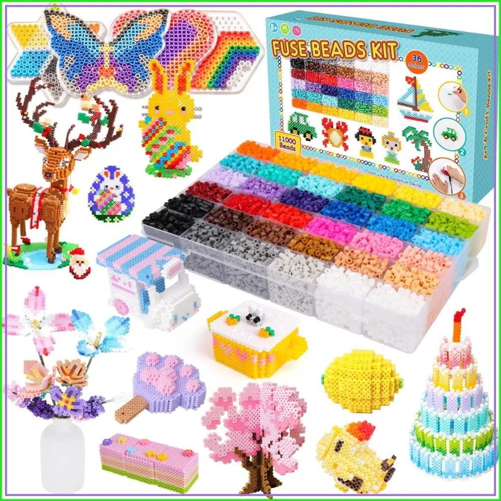 11,000 Pcs Fuse Beads Kit - 36 Colors, 5MM Melty Beads with Pegboards, Ironing Paper & Accessories for Kids Ages 5-12, Creative Craft Gift