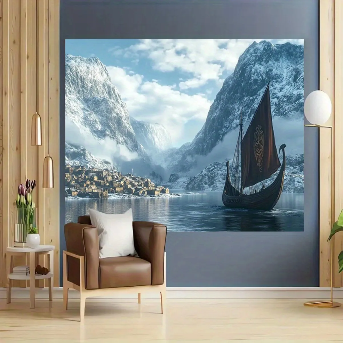 1 tapiz de barco vikingo en el fiordo nevado, mitología nórdica, colgante de pared con barco vikingo, paisaje de fiordo nevado, madera rústica