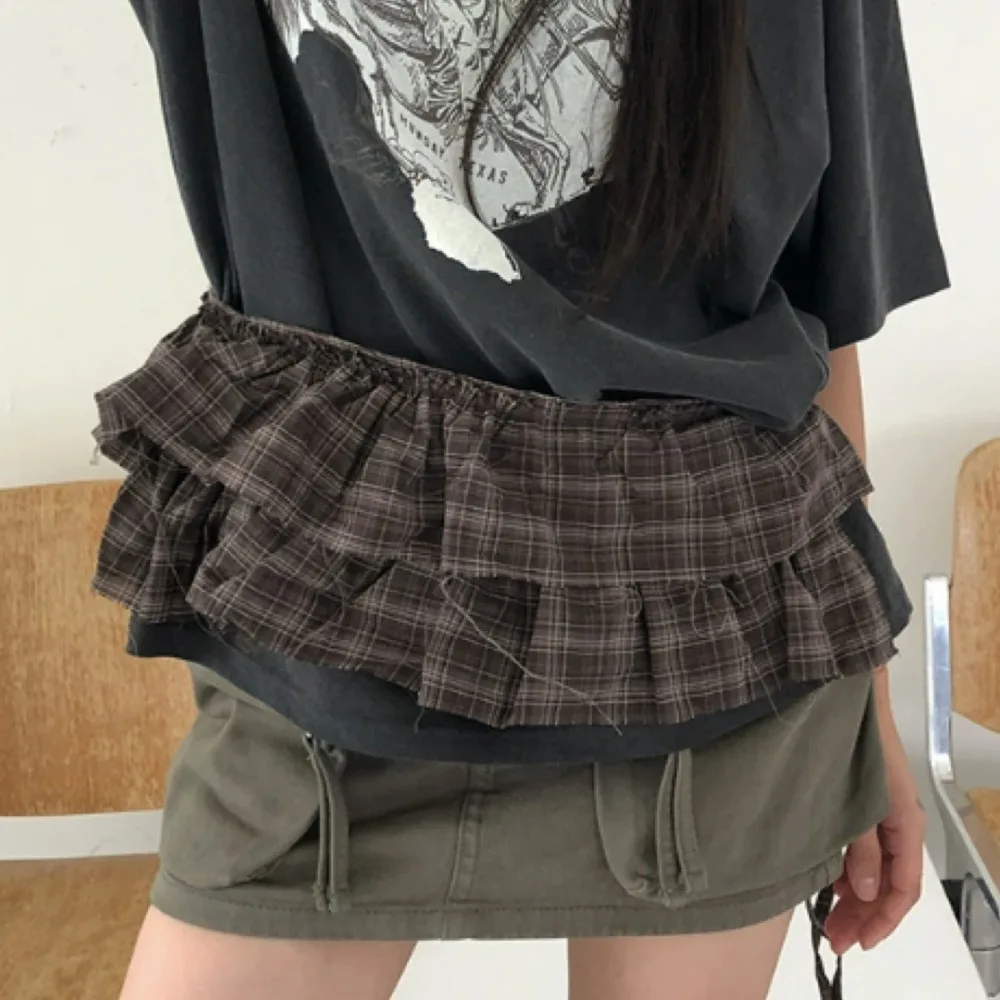 Hip-hop Layer Outfits Plaid Skirt Shirt Extender Sweet Lace Up Hip Scarf Y2K Korean Style Ruffled Edge Waistband Jeans Decor