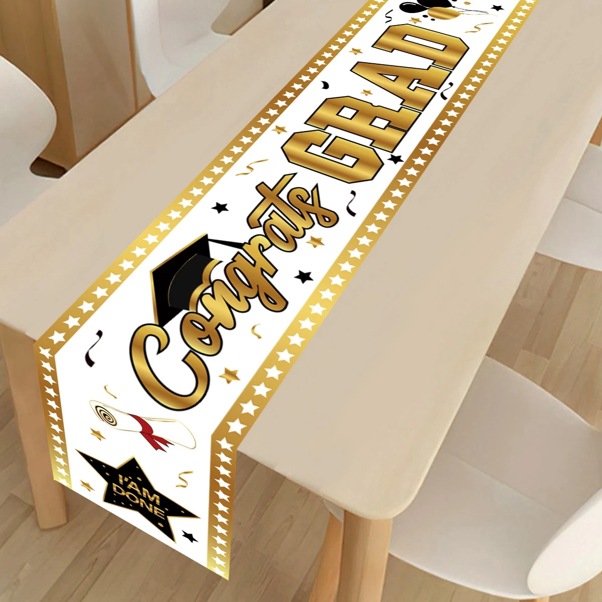 Graduation Table Runner Graduation Decorations 2024 White Gold Polyester Graduation Table Cloth Prom Grad Party Table Decoration