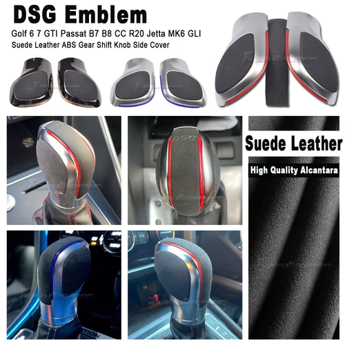 Imagen 2 del producto Perilla de cambio de marchas de cuero de gamuza para coche, emblema para VW Golf 6 golf 7 R GTI Passat B7 B8 CC R20 Jetta MK6 GLI DSG, Color rojo/azul