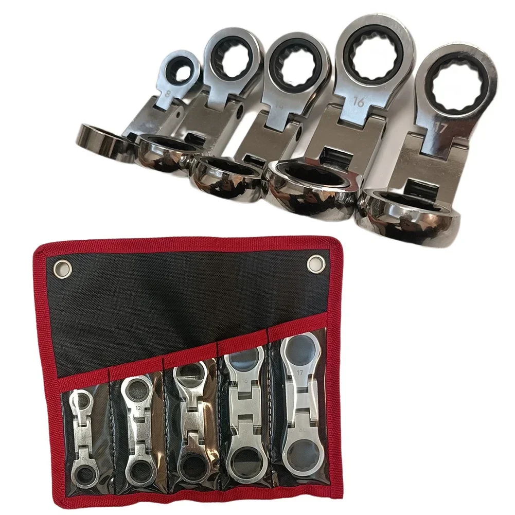 5pcs Flex Head Ratcheting Wrench Set- Metric Ratchet Combination Wrenches Gear Spanner Set Car Key Wrench Repair Tool Set