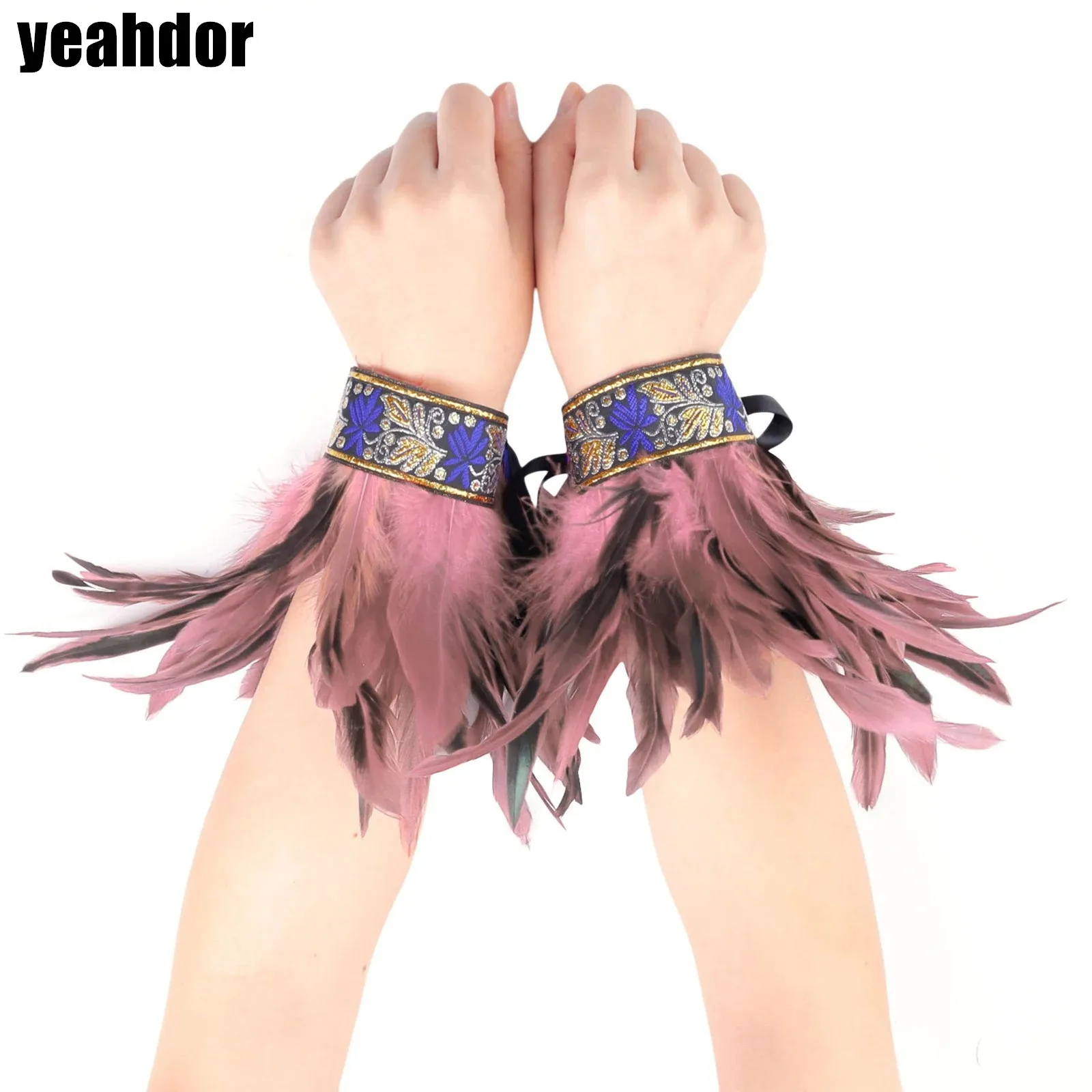 

Gothic Feather Wristband Gloves Fuzzy Feather Folk Style Embroidery Trims Cuffs Lace-Up Wristbands