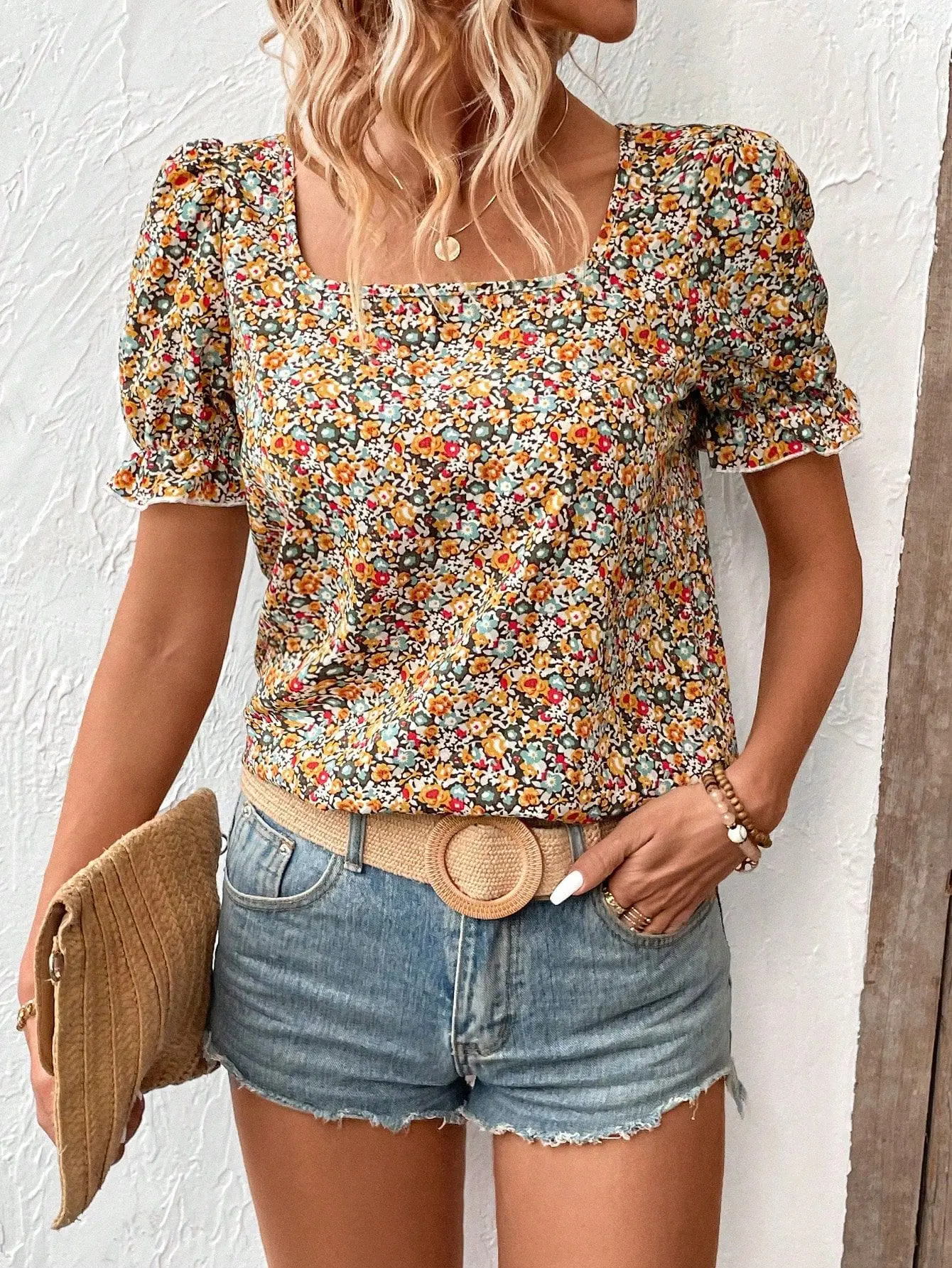 

Summer Womens Floral Blouse Loose Ruffle Square Neck Short Sleeve Printed Top