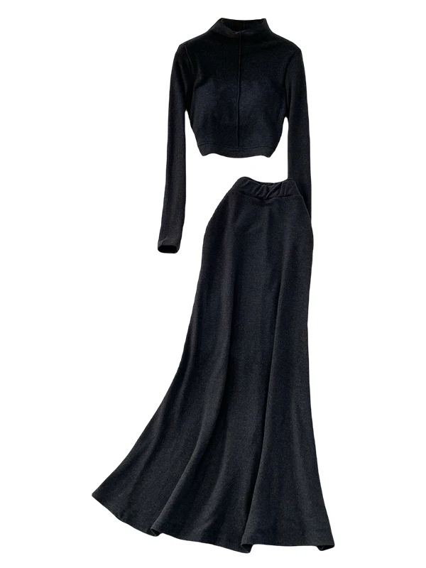 Set Rajutan Dua Potong ay Slimming dengan Bantalan Dada, Atasan Kerah Tinggi dan Celana Panjang, Pakaian Musim Dingin yang Modis dan Nyaman