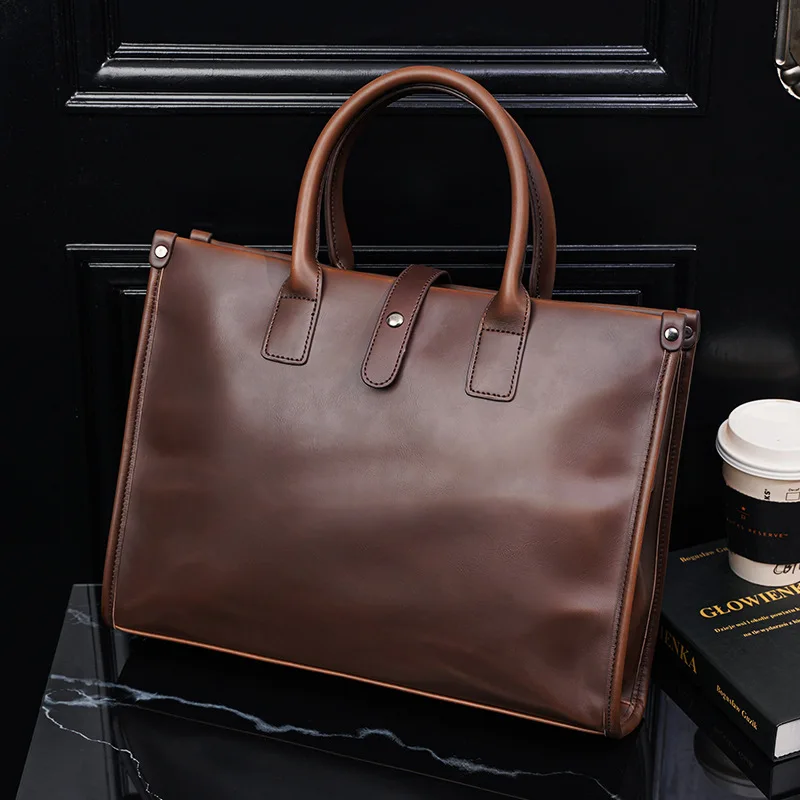 

Briefcase Bag For Men Crazy Horse PU Leather Executive Laptop Office Handbag Tote Business Document Vintage Shoulder Bag Husband