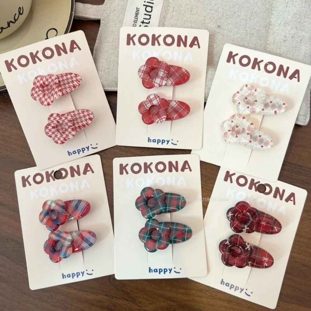 Retro British Style Sweet Transparent Red Plaid Flower Hairpin for Girl Cute Hairpin Small Bangs Clip Edge Clip Hair Accessories