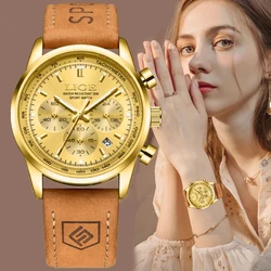 LIGE-relojes de cuarzo dorados para mujer, accesorio de marca superior de lujo, de cuero, informal, militar, resistente al agua, novedad