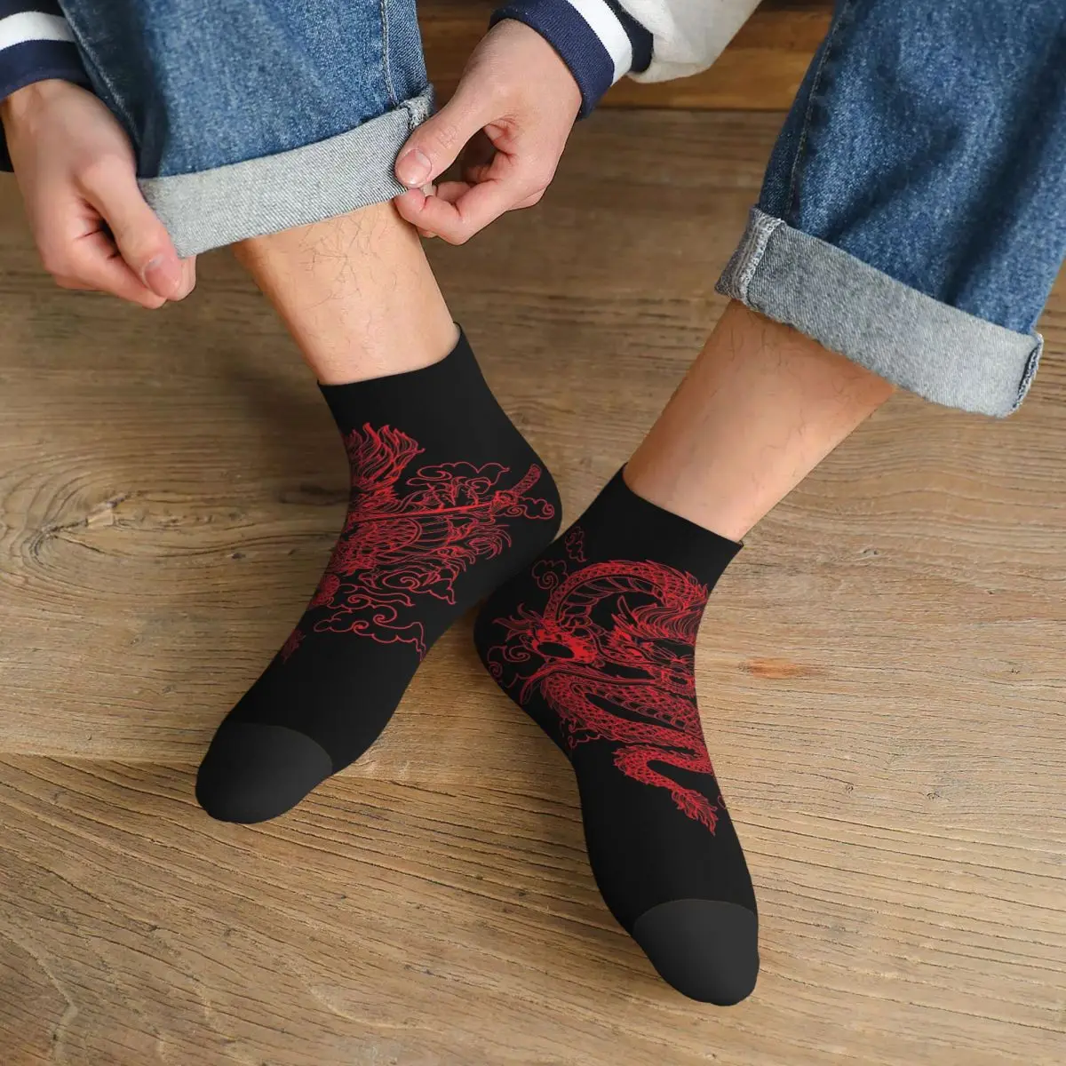 

Red Chinese Dragon With Black Background Socks Harajuku Sweat Absorbing Stockings All Season Socks Accessories for Unisex