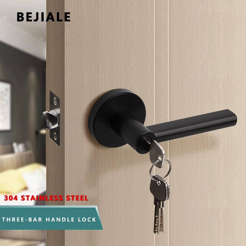 

304 Stainless Steel Interior Door Lock Black With Key Single Tongue Silent Bathroom Door Handle Aisle Fire Door Door Lock