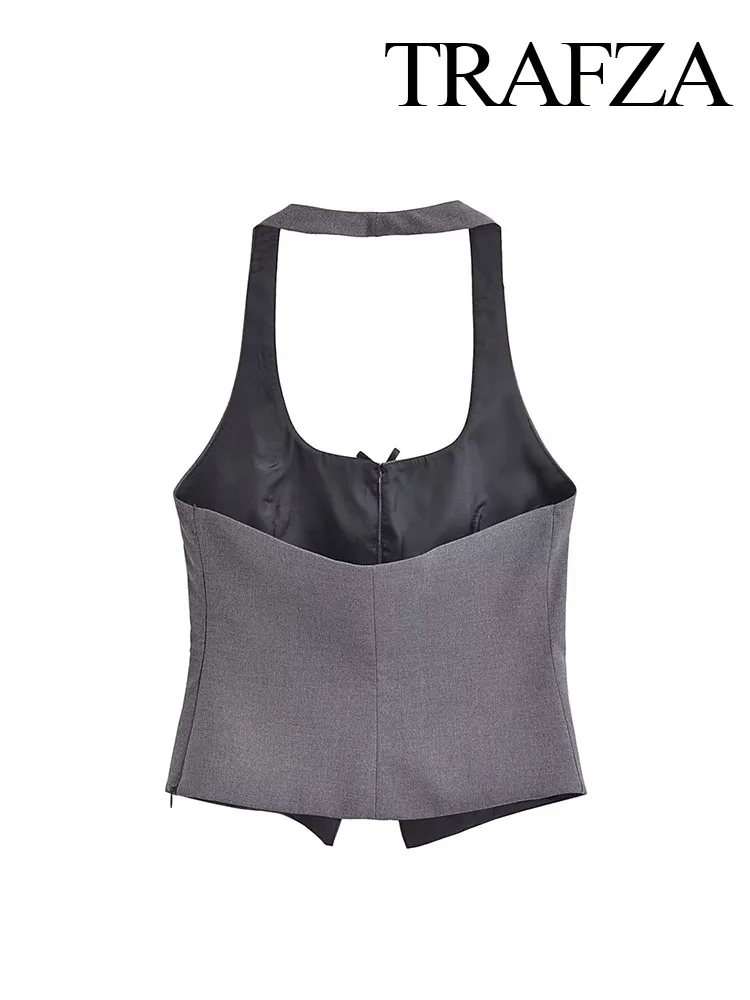 TRAFZA Female Streetwear Tank Tops Grey Square Collar Sleeveless Bow Decoration Backless Summer Fashion Woman's Sexy Tops