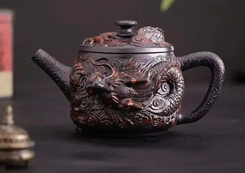 Old Chinese Handicraft Enameled YiXing Zisha (red stoneware) Teapot,Dragon teapot,with mark, Free shipping