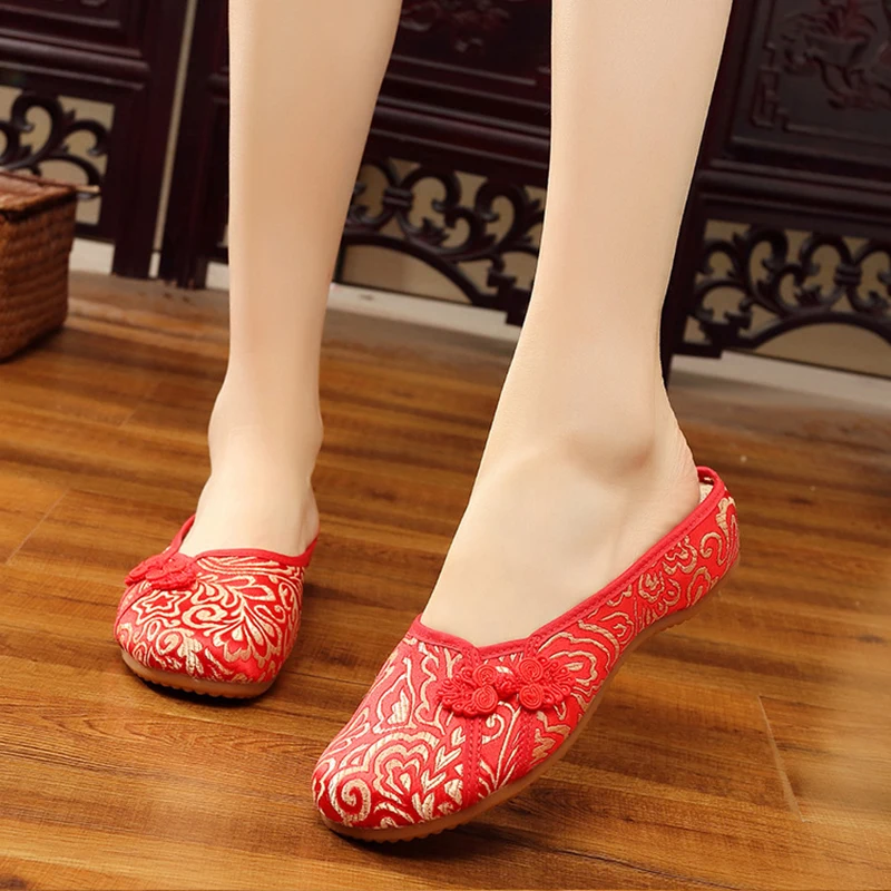 Veowalk Summer Women Handmade Silk Cotton Fabric Slippers Vintage Chinese Wedding Red Bridal Shoes Ladies Comfortable Flat Mules