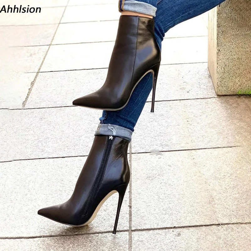 

Ahhlsion Handmade Women Winter Ankle Boots Sexy Stiletto Heels Pointed Toe Nice Black Club Shoes US Plus Size 5-15