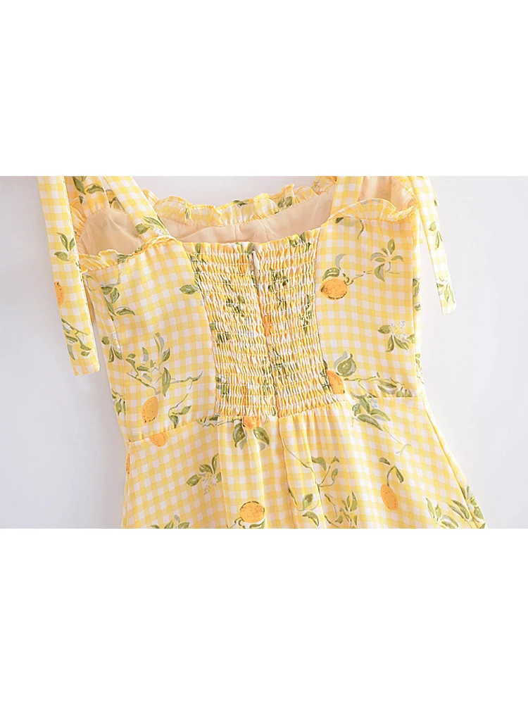 YENKYE 2022 Women Plaid Lemon Print Yellow Sling Short Dress Vintage Ladies Summer A-line Chiffon Dress French Style Vestido