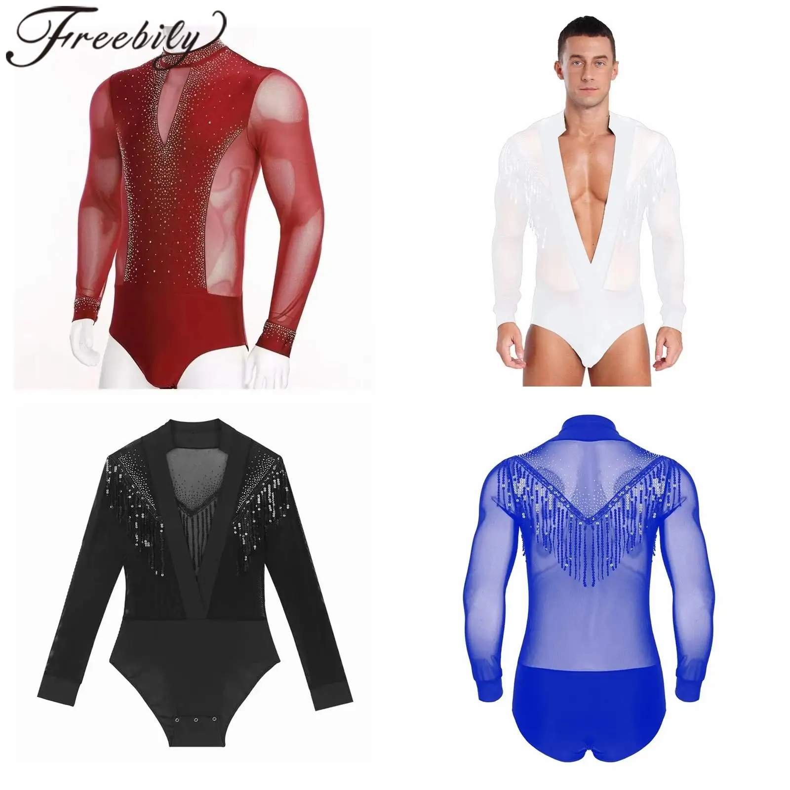Bodysuits de dança latina para homens adultos, camisas rumba chacha, samba, salsa, tango, collant, strass, traje de dança de salão