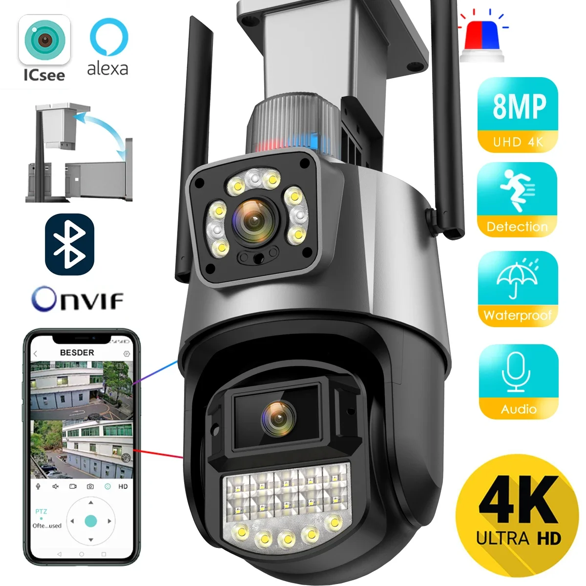 Kamera CCTV keamanan lensa ganda, kamera IP pengintai keamanan tahan air, lensa ganda, Wifi 8MP 4K