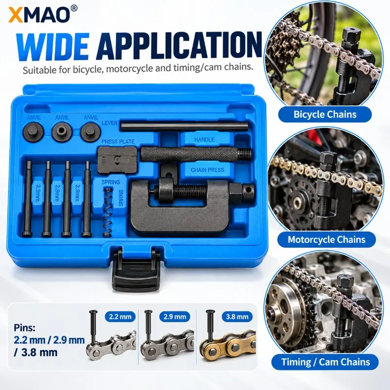 XMAO Bicycle Motorcycle Chain Breaker Riveting Tool Set, Steel Pin Press Cutter 2.2/2.9/3.8mm for Timing Drive Chain Repair