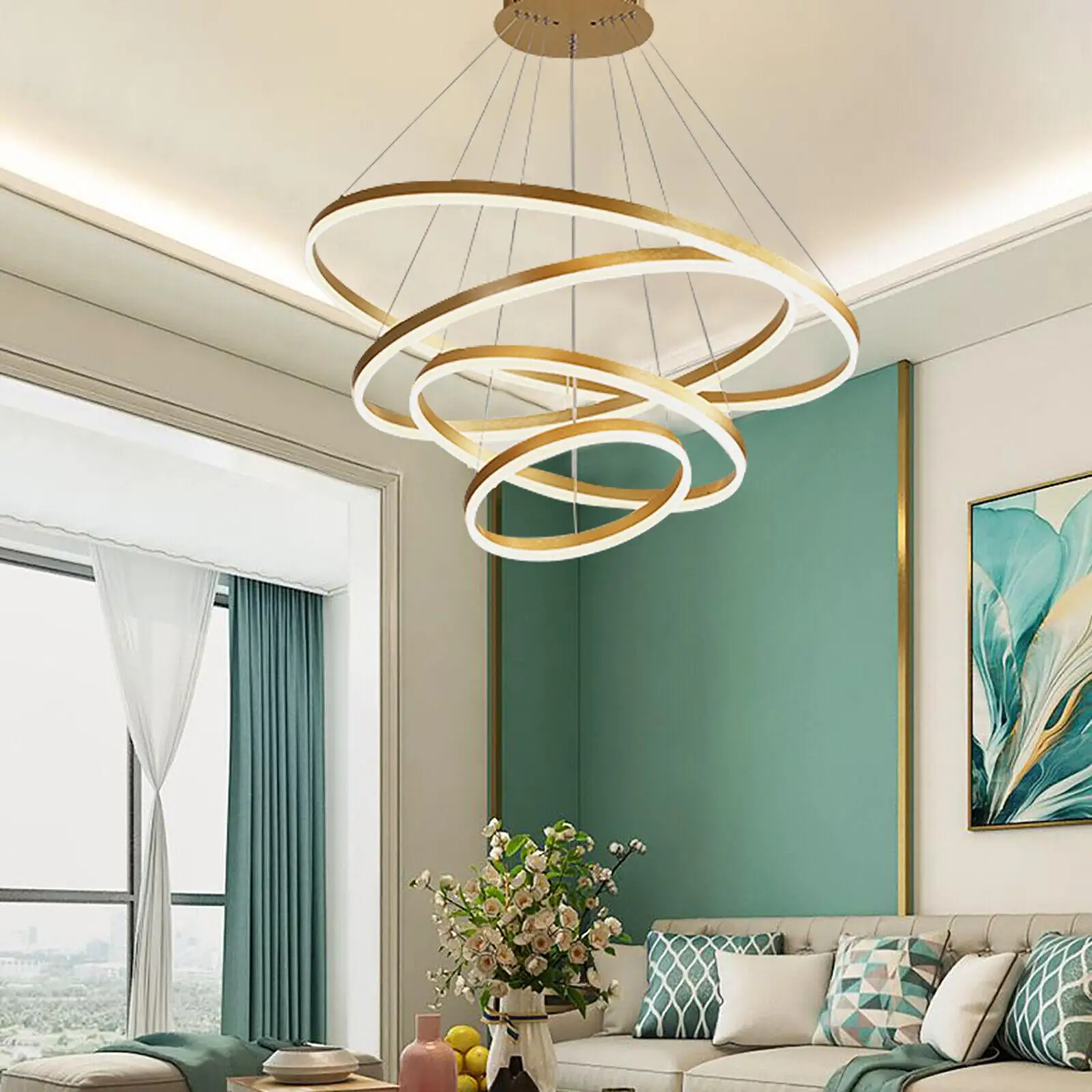 Golden LED 4-Ring Chandelier Lamp Bedroom Pendant Light 110V Adjustable Room Decor