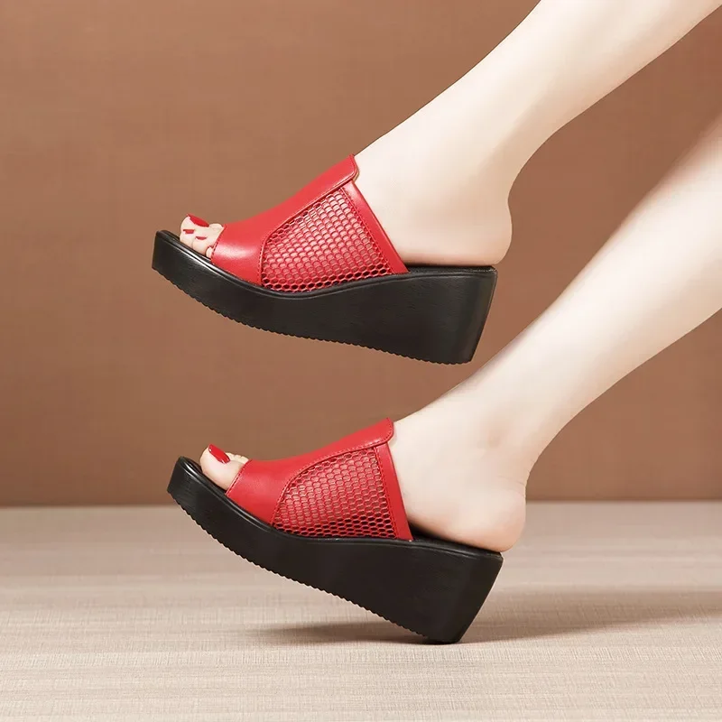 6cm Small Size 32-43 Breathable Mesh Leather Slippers Med Heels Shoes 2024 Summer Soft Leather Platform Wedges Slides Office Mom