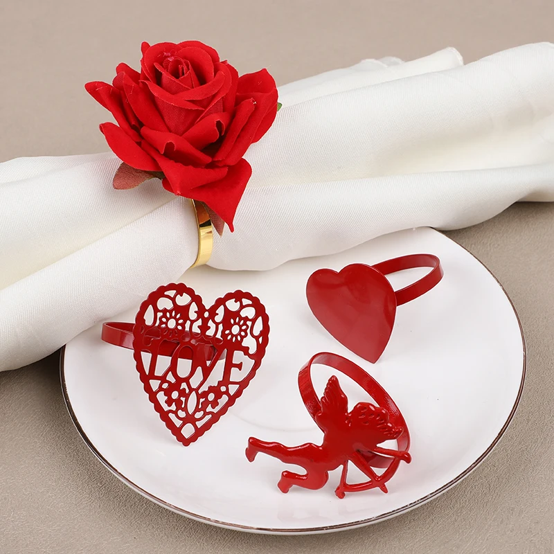 

Valentine's Day Red Rose Shape Handicraft Towel Buckle Napkin Ring Heart Love Shape Napkin Holder Ring Wedding Hotel Table Decor