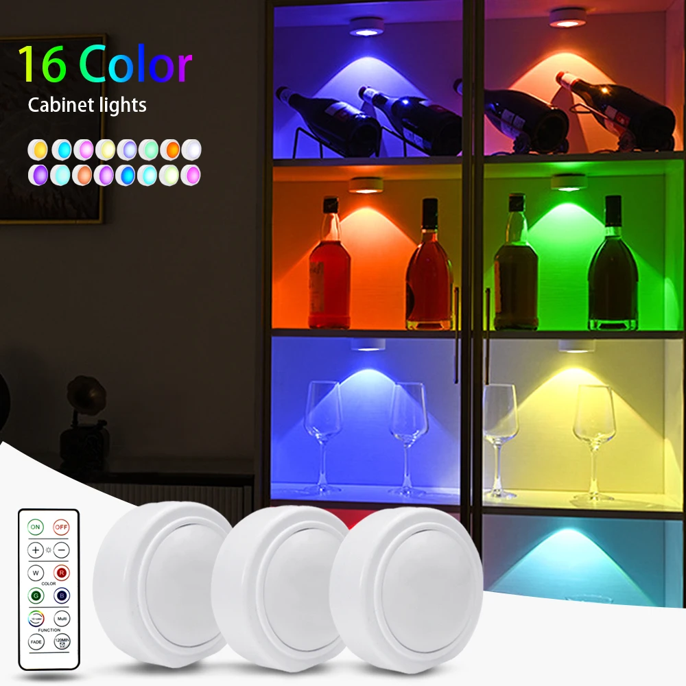 

3/6 PCS LED Puck Light RGB 16 colors Dimmable Under Cabinet Light USB Rechargeable Wine Cabinet Light with Remote control