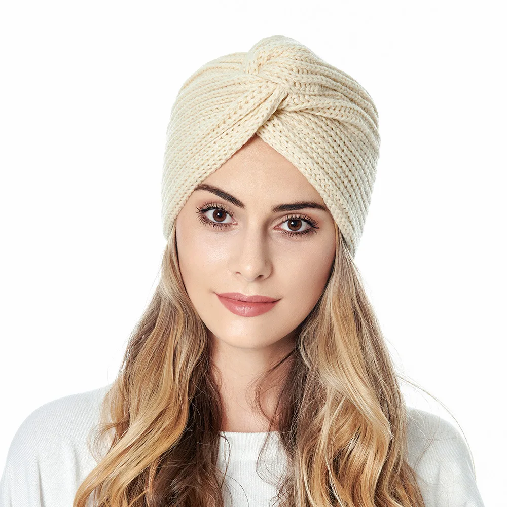 Bohemia turban cap muslim inner hijab caps cashmere cross wrap head Indian hat wool knitting hijab bonnet turbante ready to wear