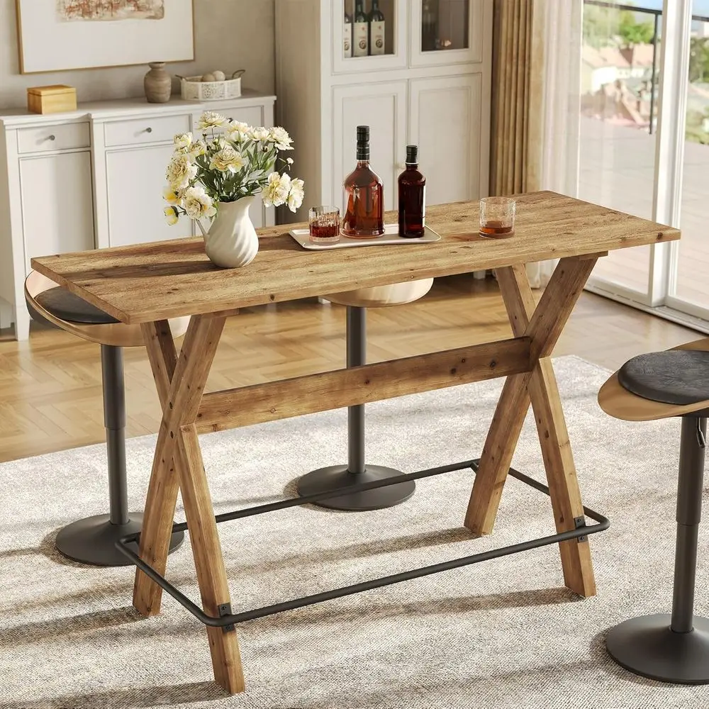 

63 Inch Light Brown Solid Wood Rectangular Bar Table Industrial Counter Height Cocktail Table with Footrests and Sturdy Legs for