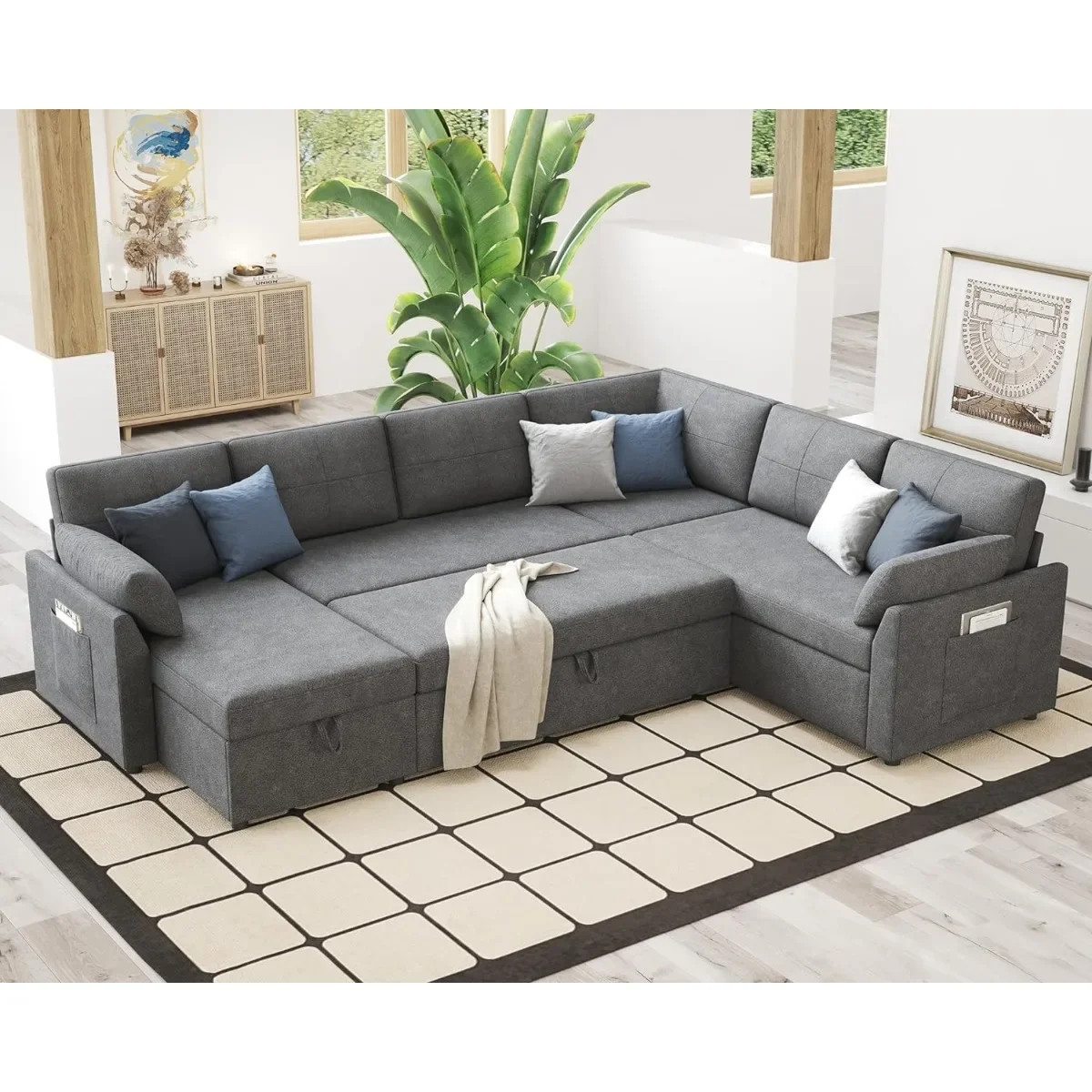 

112 Inch Sleeper Sofa, Pull Out Sofa Bed with Storage Chaise & 3 Seater, Oversized U Shape Sectional Couch with Pull out Bed