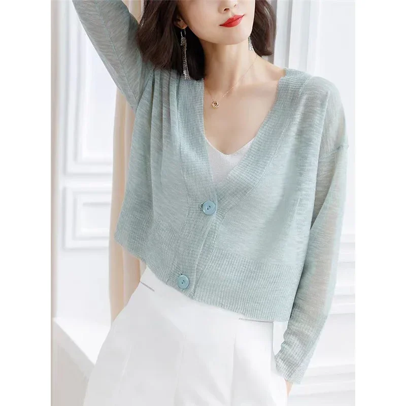 Women\'s Clothing Basic Solid Elegant V-neck Thin Knitted Cardigan Spring Autumn Casual Loose Soft Short Sweater Office Lady Top