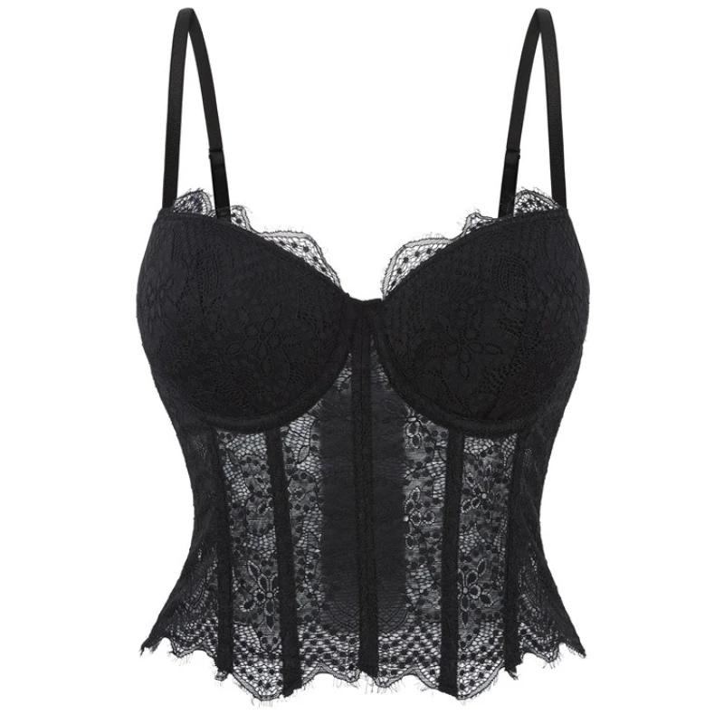 

Spring Summer Elegant Skin-penetrating Fabric Lace Fishbone Short Suspender Vest Girls Sexy V-neck Slim Vacation Fashion Top