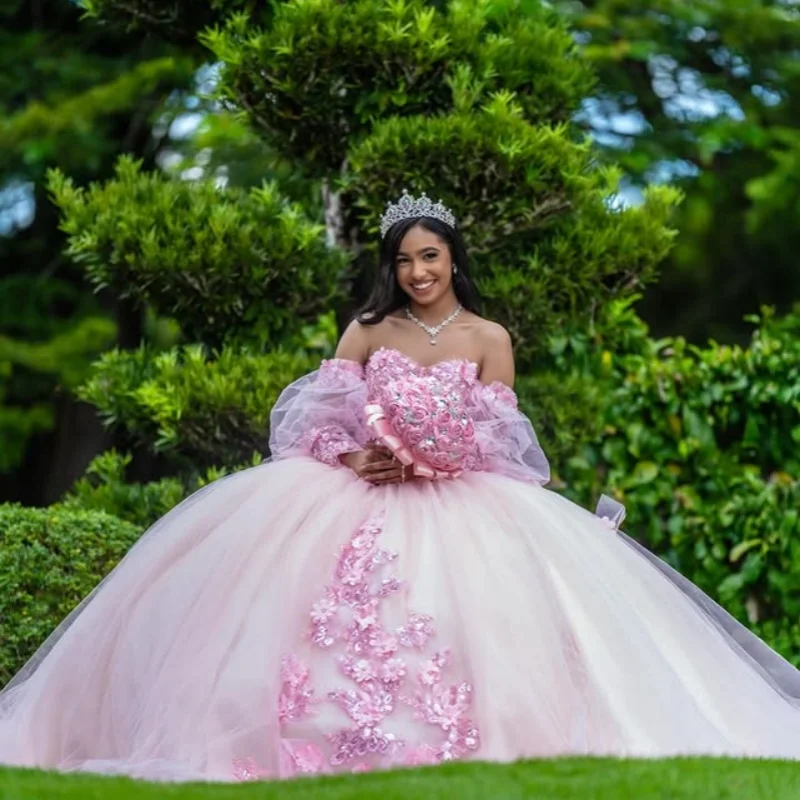 

Shiny Pink Quinceanera Dresses Off the Shoulder Glitter Crystal 3D Flower Decal Bow Long tail Vestido 15 Quinceanera Customized