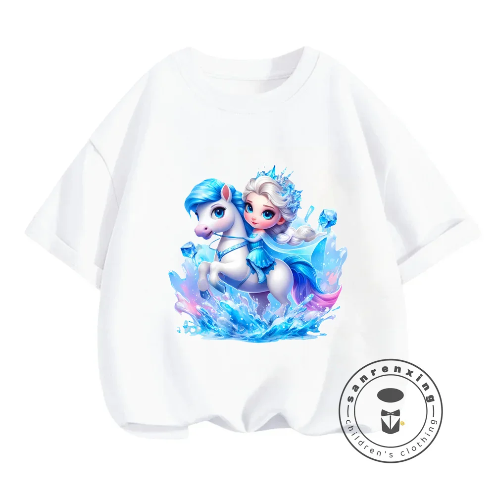 Disney's Beautiful Elsa Princess Summer T-Shirts for Boys Girls Kawaii O-Neck Kids Upper Wear Cute Cartoon Designs Light Trendy