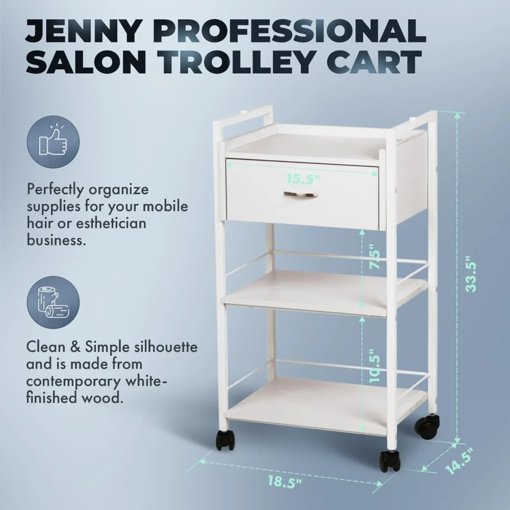 Salonwagen, 3-stufiger rollender Mehrzweckwagen für Spas, Kosmetikerinnen und Salons, Organizer aus weißem Holz mit Schublade