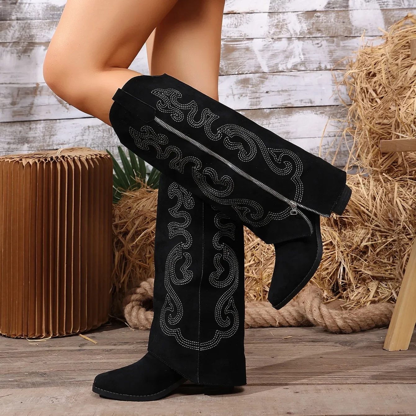 Modetrend Bestickte Western-Cowboystiefel für Damen 2026 Retro Spitze Zehe Dicker Absatz Lässige Reißverschluss-Kniestiefel für Damen – Detail 14