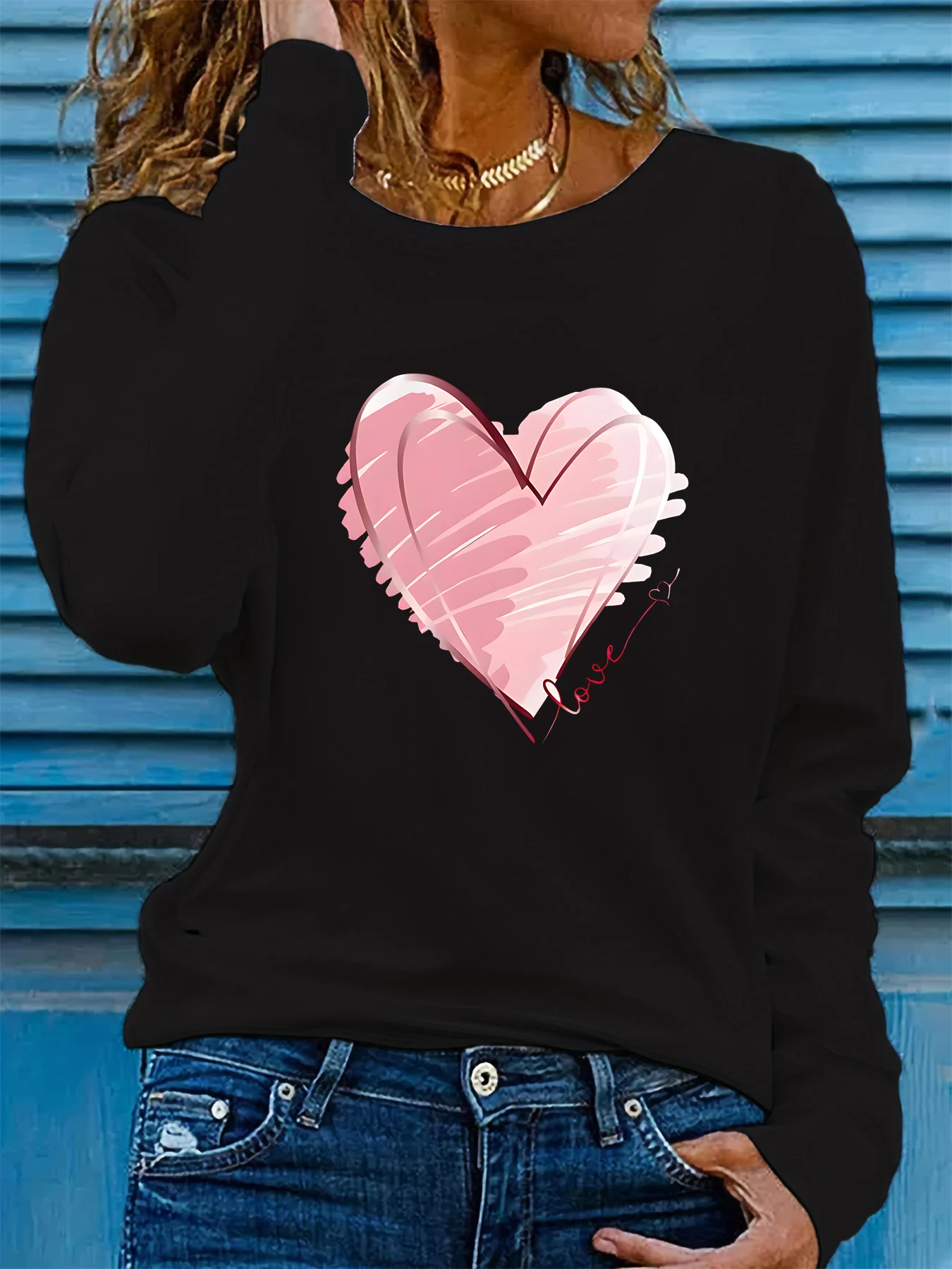 

100% pure cotton women's spring and autumn loose comfortable heart-shaped pattern printed long sleeved round neck T-shirt