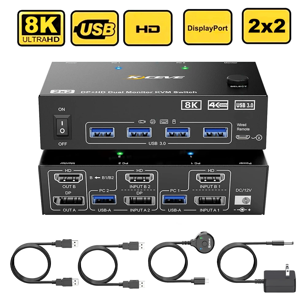

KVM-переключатель 4K при 144 Гц, 2 монитора, 2 компьютера, 8K при 60 Гц, HDMI-совместимый двойной монитор DP с 4 портами USB 3.0 для клавиатуры, мыши, принтера