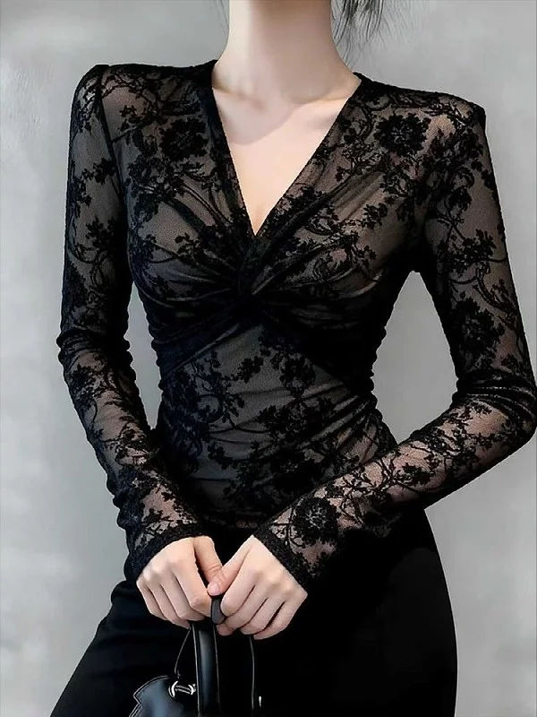 Top Sexy de Tamanho Grande com Base de Renda para Mulheres, Roupa Interna de Outono e Inverno, Slimming, Comprimento Longo, Decote em V com Nó