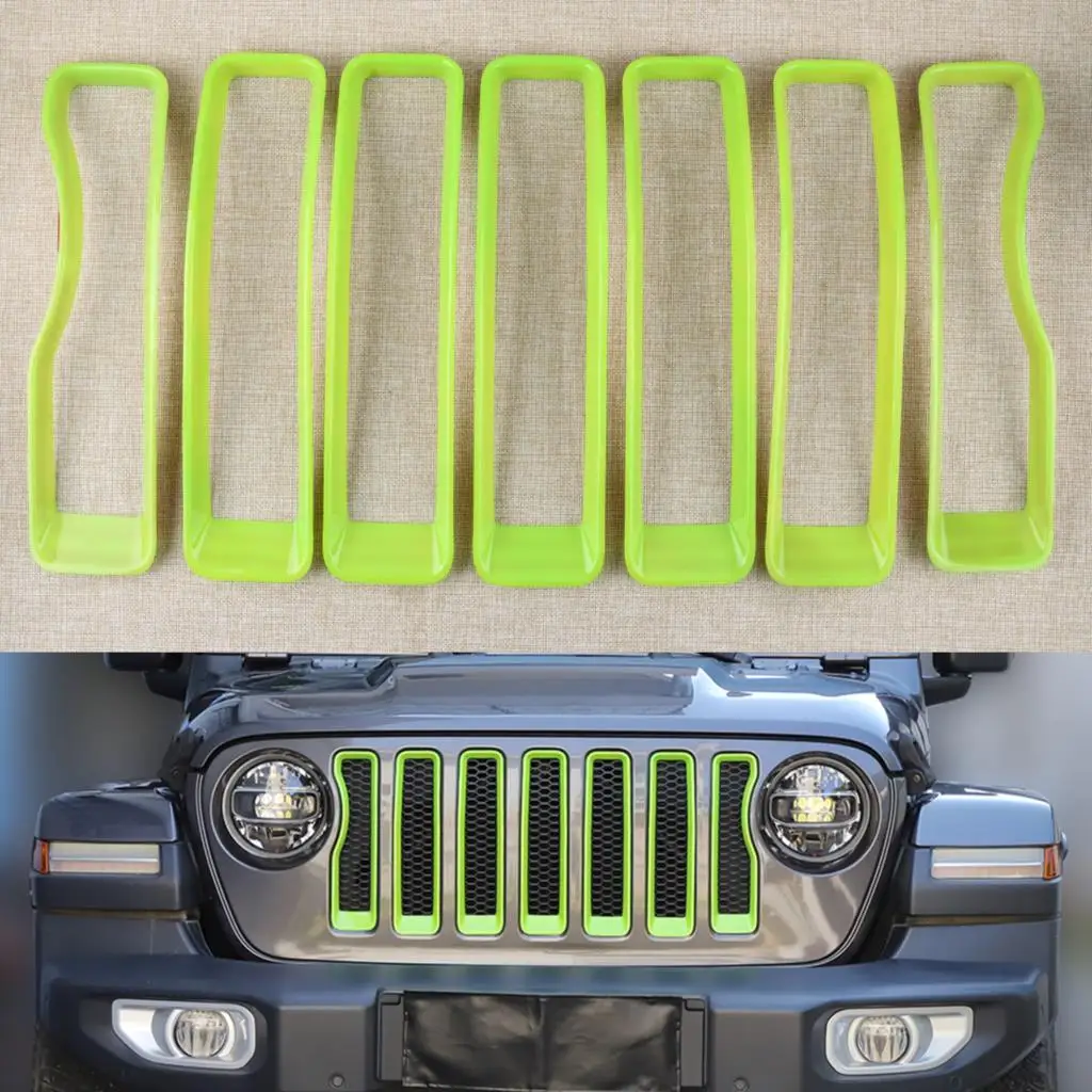 7pcs/Set Car Front Grille Inserts Cover Decorative Trim Bezel Kit Fit for Jeep Wrangler JL Gladiator JT 2020-2021 Green ABS