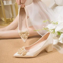 French style pointed thick heel shoes for women's middle and pearl main wedding dress engagement bride shoes