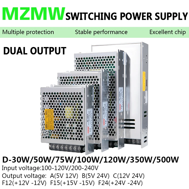 Dual Output Switching Power Supply 30W 50W 75W 100W 120W 350W 500W 10V -5v 12V -12V 15V -15V 24v -24v AC/DC Driver Transformer