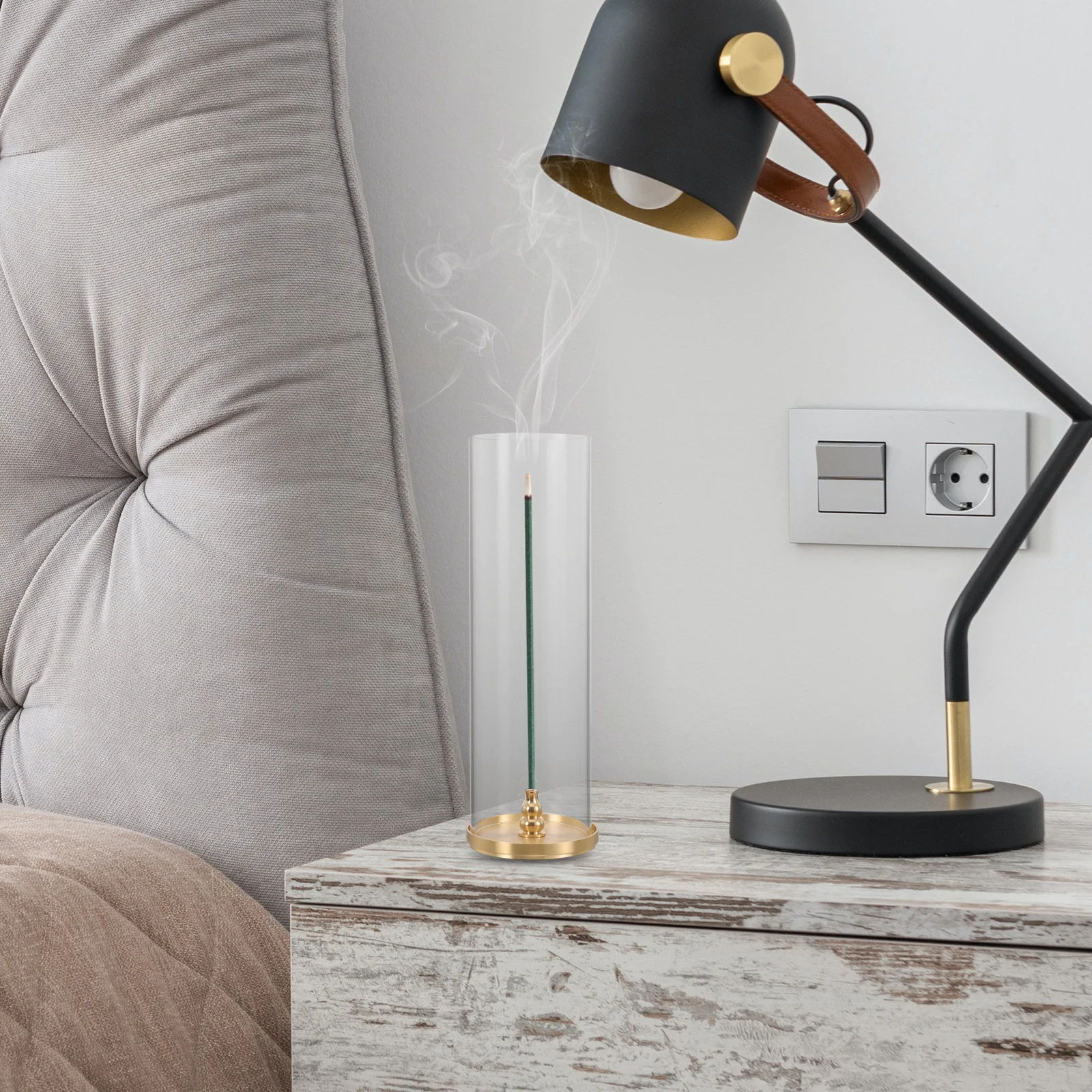 

1 Set Of Brass Stick Holder With Acrylic Cover Retro Incense Burner Tray For Home Decor Desktop Ornament Aromatherapy Censer