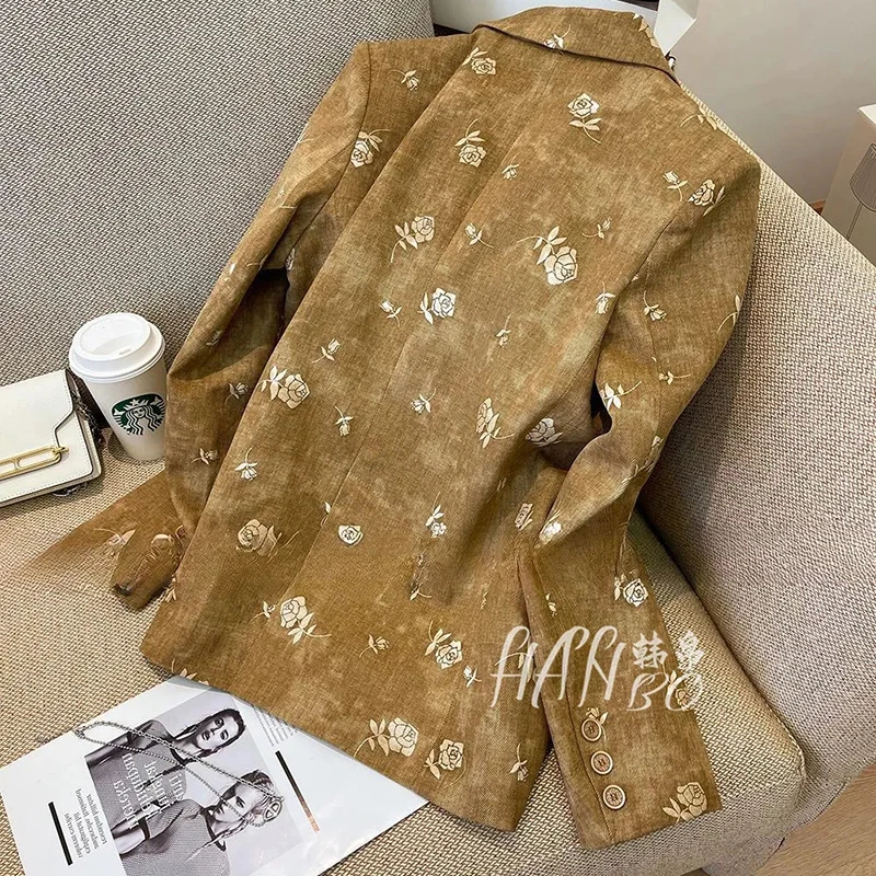 로즈 플로랄 프린트 블레이저 여성 빈티지 클래식 시크 라펠 재킷 긴 소매 싱글 브레스트 루즈 캐주얼 하라주쿠 코트