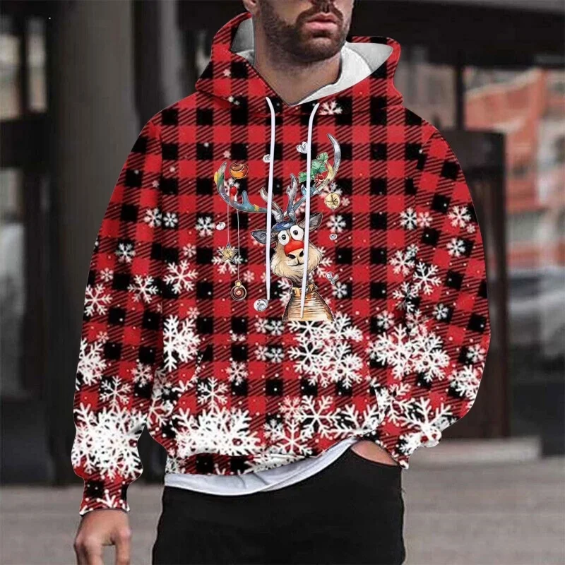Christmas Deer Snow Pattern Hoodie For Men Women Stripes 3D Printed Pullovers Casual Hoodies Tops Loose Long Sleeves Sweatshirt