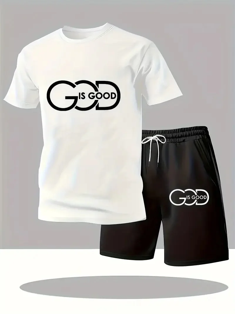 

Street Fashion Trend Men's Round Neck Short Sleeved Set, Outdoor Simple Round Neck Top, Casual and Comfortable Shorts
